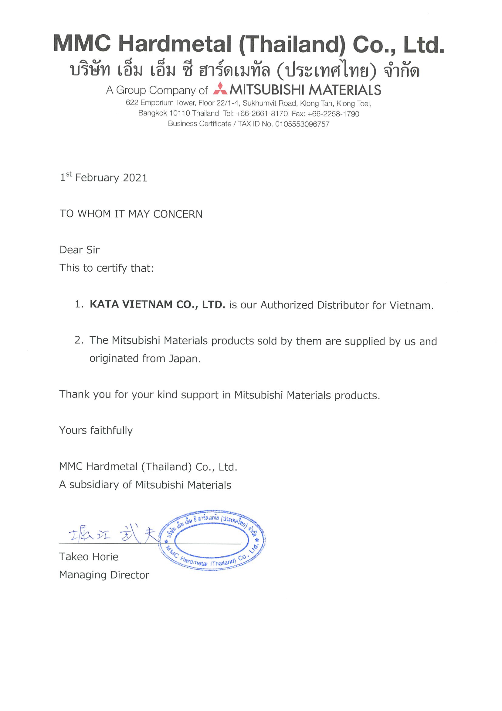 Công ty TNHH Công Nghiệp Kata Việt Nam thông báo về việc trở thành đại lý chính thức các sản phẩm dụng cụ cắt gọt Mitsubishi tại Việt Nam