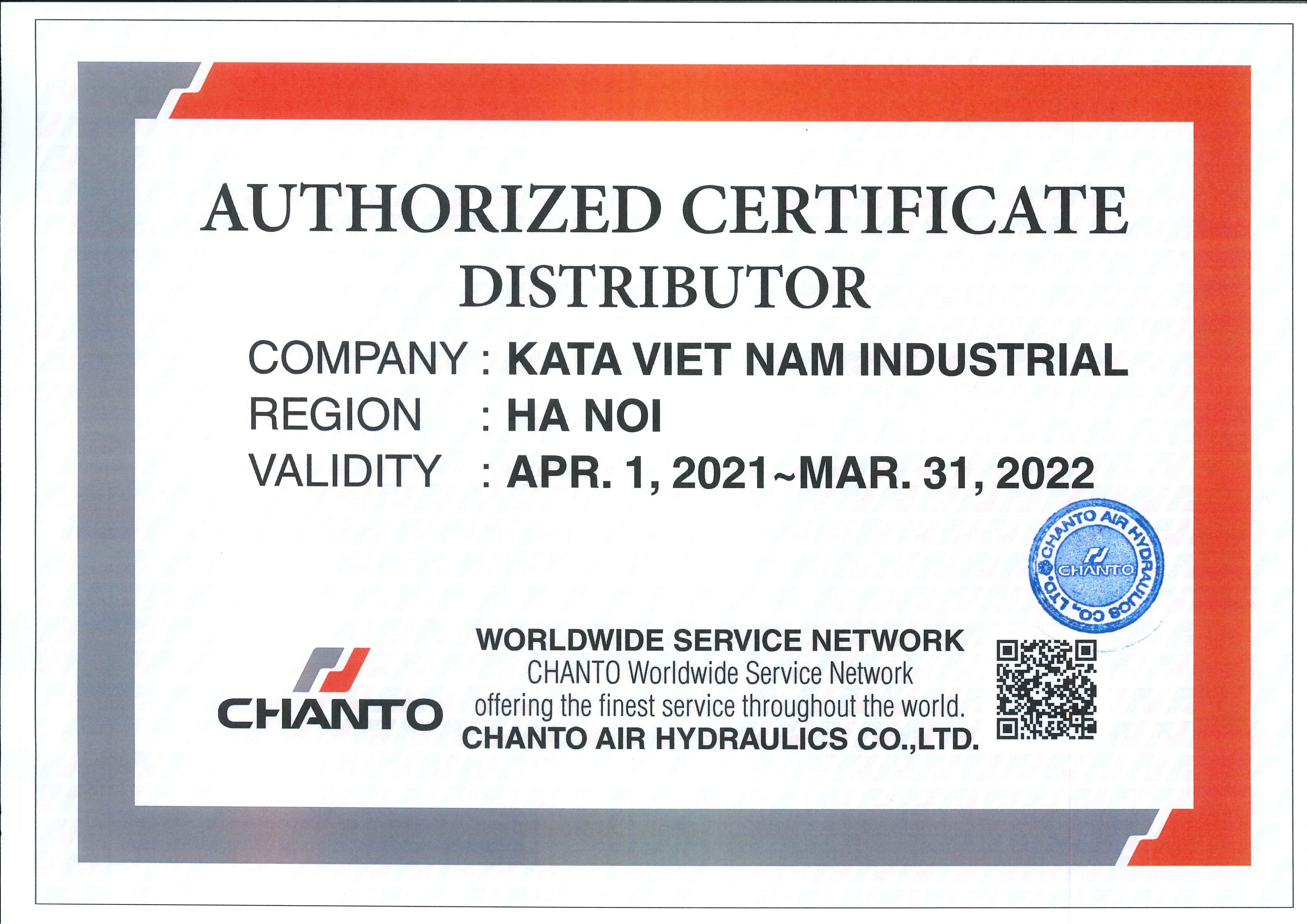 Công ty TNHH Công Nghiệp Kata Việt Nam đại lý phân phối cung cấp các sản phẩm khí nén của CHANTO AIR HYDRAULICS CO., LTD. tại Việt Nam